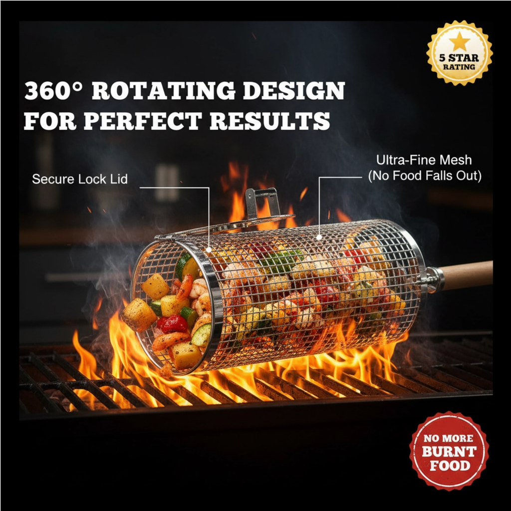 Rolling Grill Basket for Even Cooking